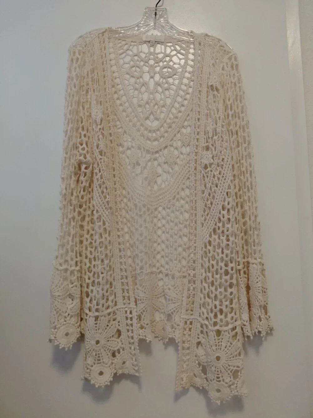 Rebellion Again Crochet Knit Open Front Cardigan Boho Beach Festival Ivory Large - Picture 1 of 6
